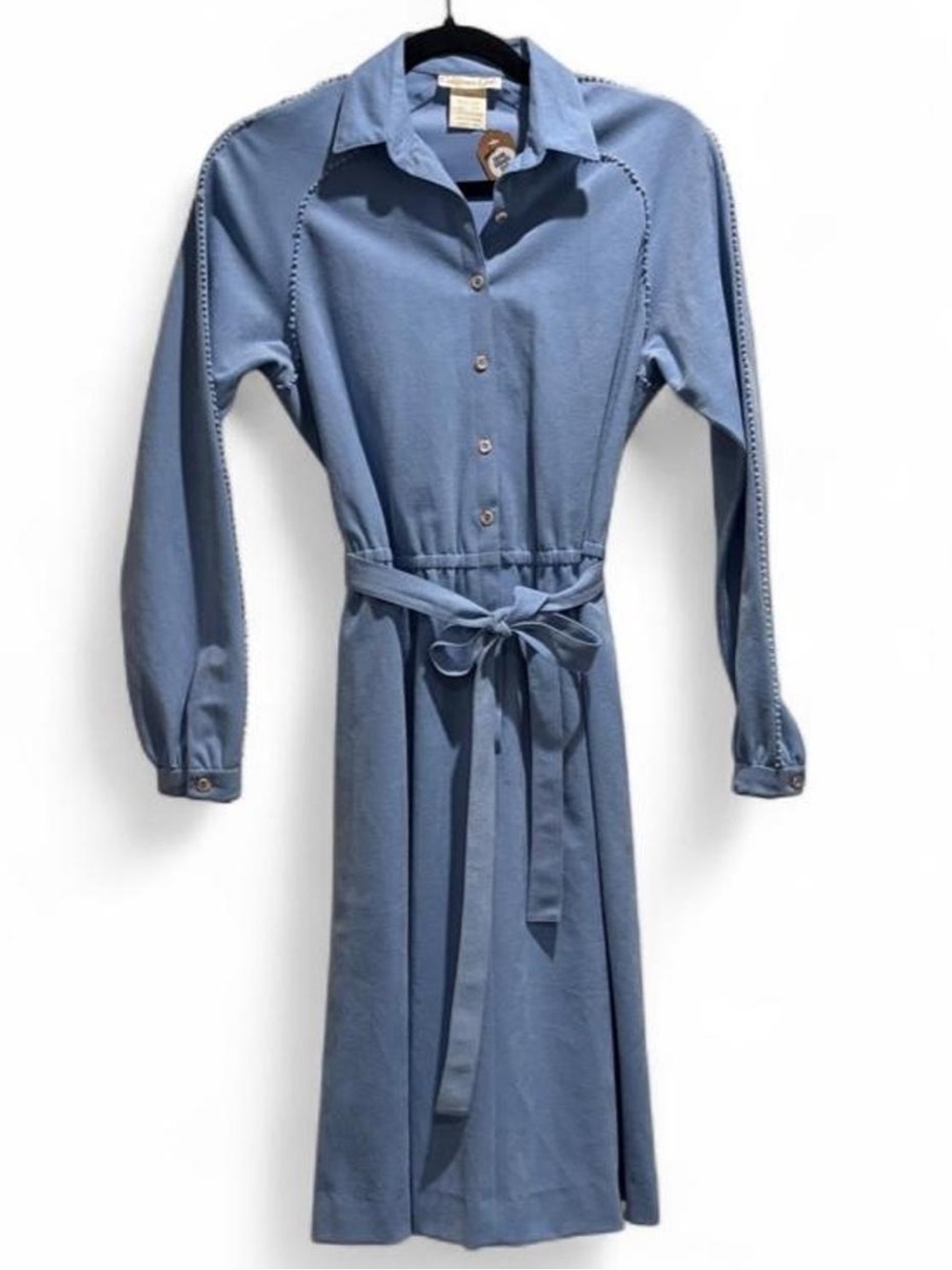 VINTAGE 70s California Girl Blue Button-Front Shirt Dress with Tie Waist
